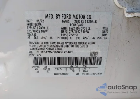 2022 Lincoln Aviator Reserve z USA, uszkodzony, nr VIN 5LM5J7WC6NGL20461